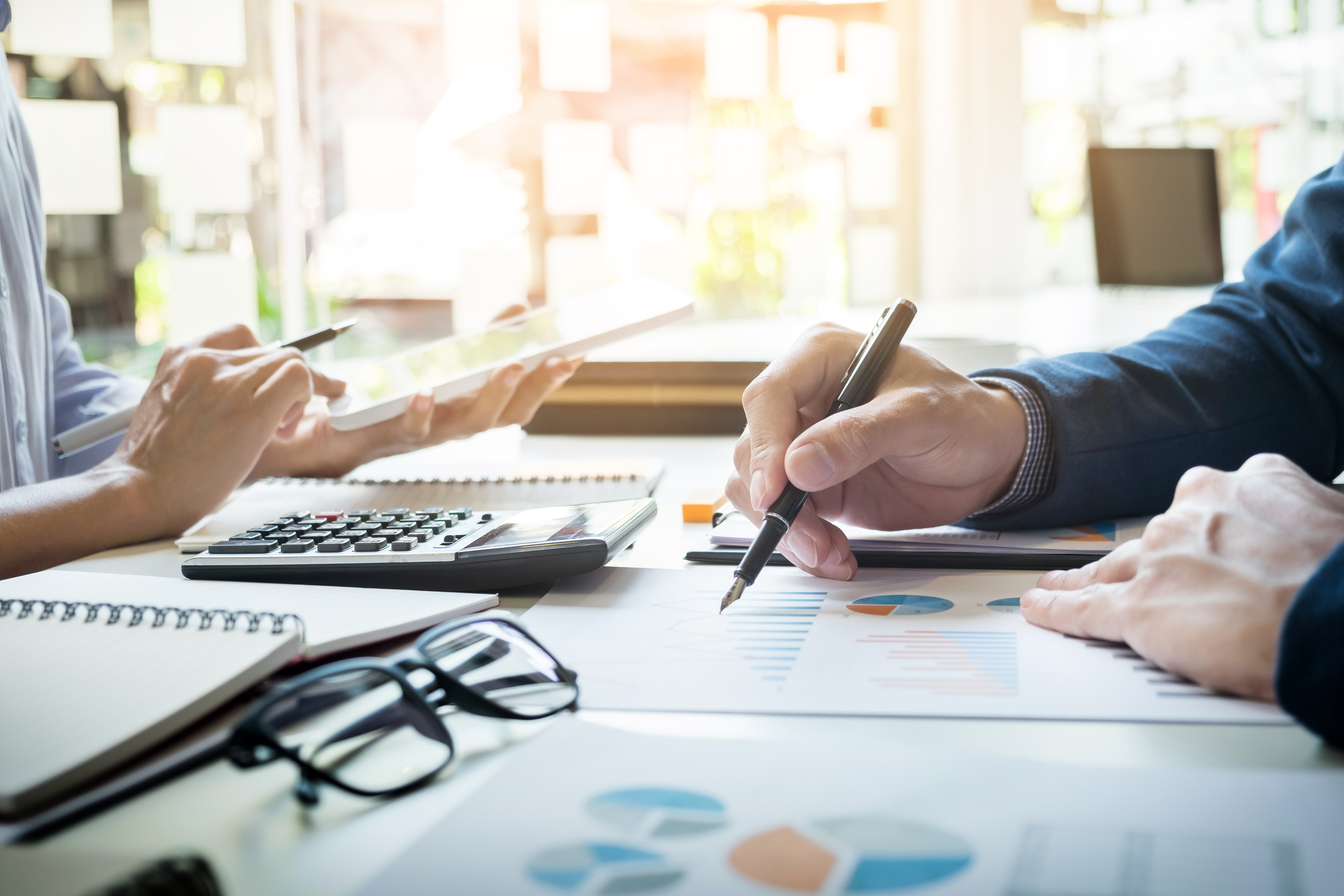 Business Man Financial Inspector Secretary Making Report Calculating Checking Balance Internal Revenue Service Inspector Checking Document Audit Concept